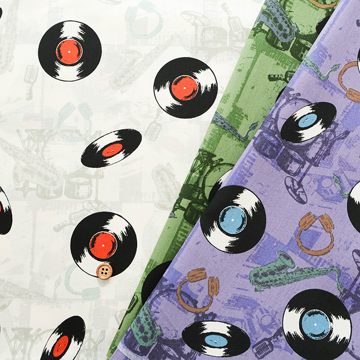 コットンブロードプリント生地 アメリカンヴィンテージレコード生地の