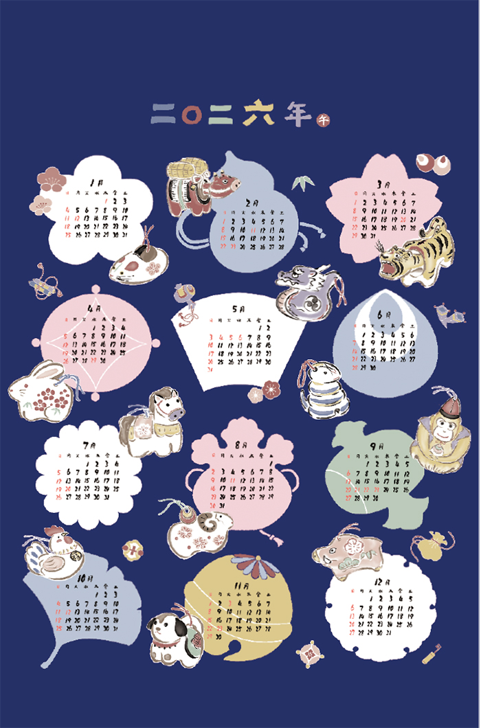 ≪柄売り≫2026年カレンダー 干支暦 【1柄：約92cm×60cm】生地の