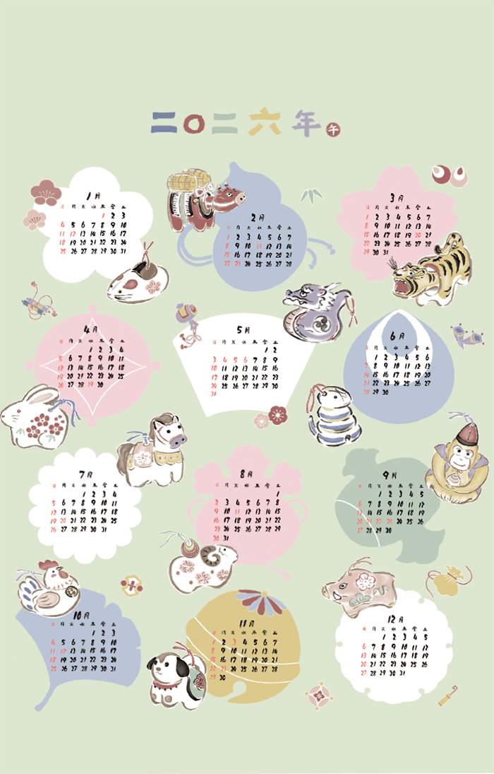 ≪柄売り≫2026年カレンダー 干支暦 【1柄：約92cm×60cm】生地の通販