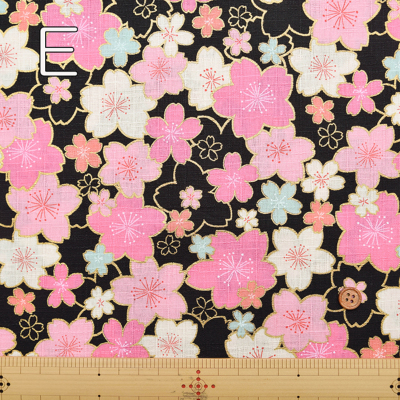 Ｆ 桜柄オーダー品♯訳あり商品 和柄 和調 金粉桜吹雪 黒 4色 1m単位 生地 布 さくら さくら柄