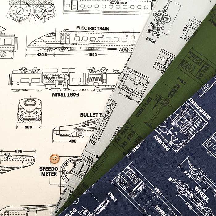 大きめレッスンバッグ】電車設計図 グレー×デニム風黒 大きい電車のお