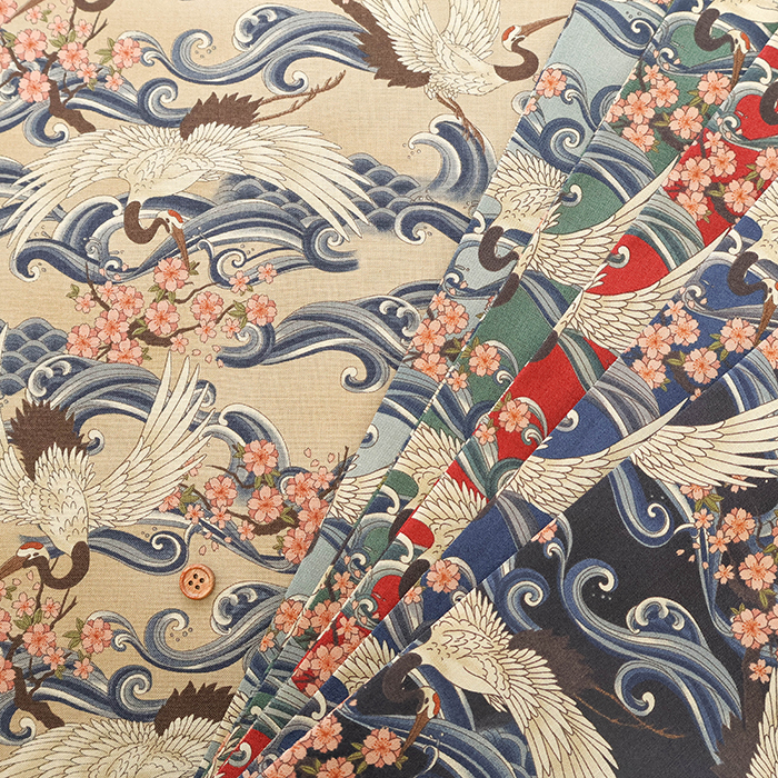 コットンシーチングプリント生地 和風ヴィンテージ調 さくらと鶴生地の