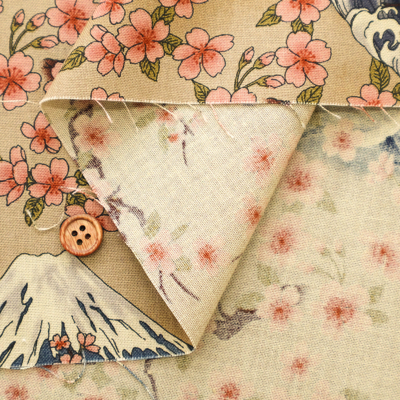 コットンシーチングプリント生地 和風ヴィンテージ調 さくらと富士生地