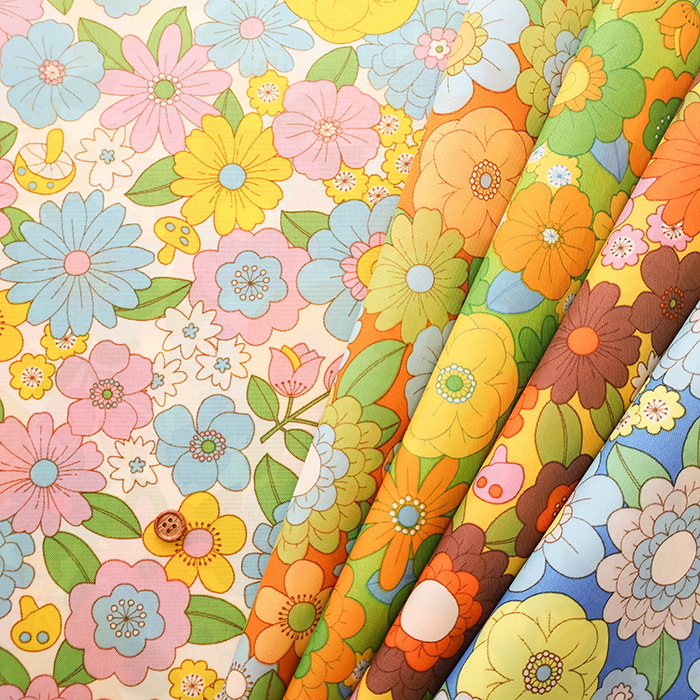 撥水加工 ナイロンオックスプリント生地 70s Design Flower Days