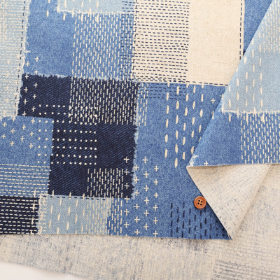 C/Lキャンバスプリント生地 デニム刺し子風パッチワーク生地の通販