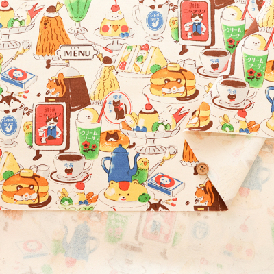 コットンオックスプリント生地 Delicious animal Retro レトロ喫茶柄