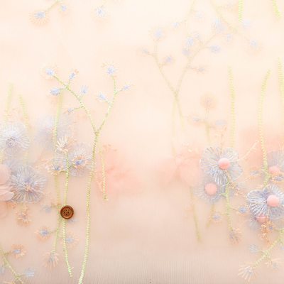 中国製　ナイロンチュール生地　ポンポンフラワー